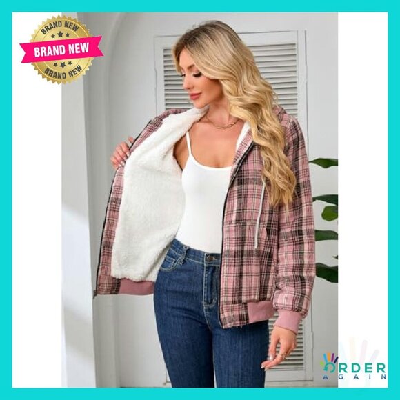 Sherpa Lined Flannel Hoodie Jacket Cozy Casual Full Zip Plaid Oversized - Picture 5 of 8